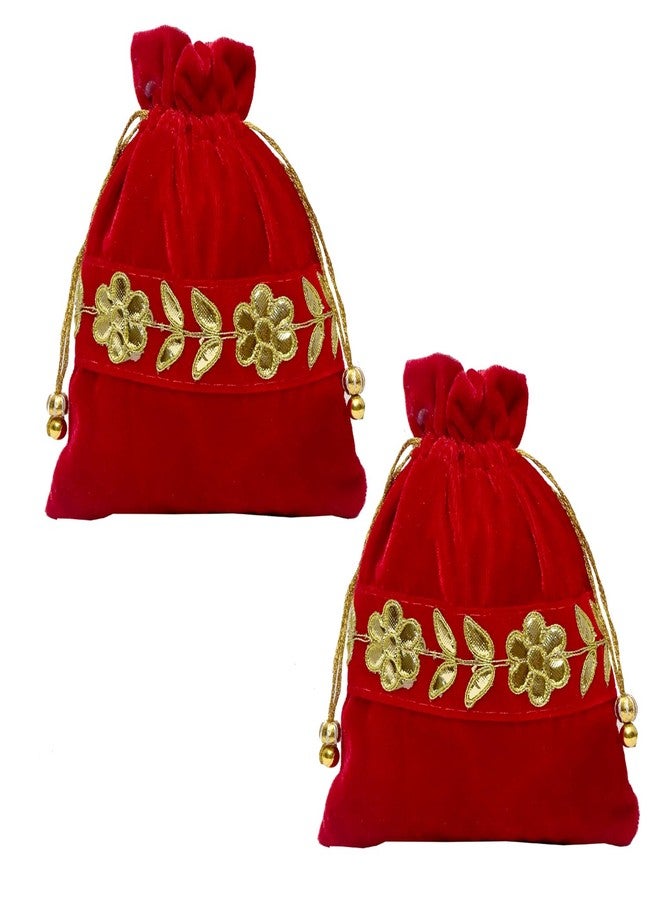 Dulhan Handcrafted Red Velvet Gota Patti Potli Bags | Traditional Embroidered Gift Bags for Wedding, Diwali, Mehndi Baby Shower | Zari Tassels and Moti Work | Reusable Decorative Pouches (Pack of 2) - Image 1